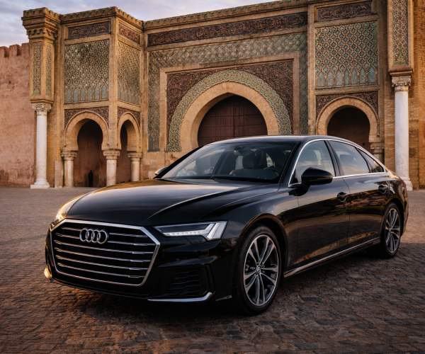 Luxury black Audi A6 executive sedan parked in front of Bab Mansour in Meknes, Morocco, offering premium VIP chauffeur services by Mister VIP Driver.