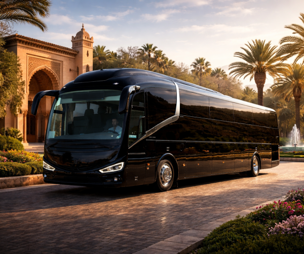Luxury black VIP coach bus driving through scenic Moroccan landscapes, offering premium group transportation by Mister VIP Driver.