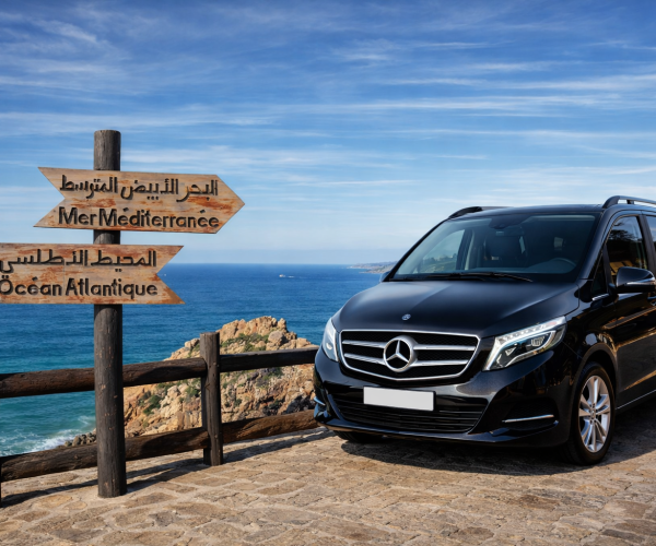 Black Mercedes Vito at Cap Spartel lighthouse during sunset in Tangier Morocco with MR VIP Driver luxury chauffeur service